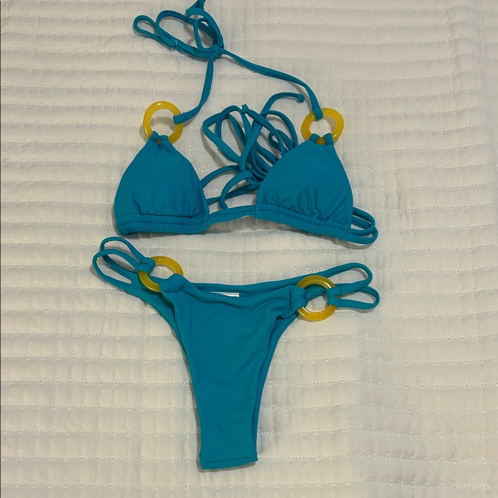 Eco Hoaka Teal Bikini with Yellow-ish Ring Accents